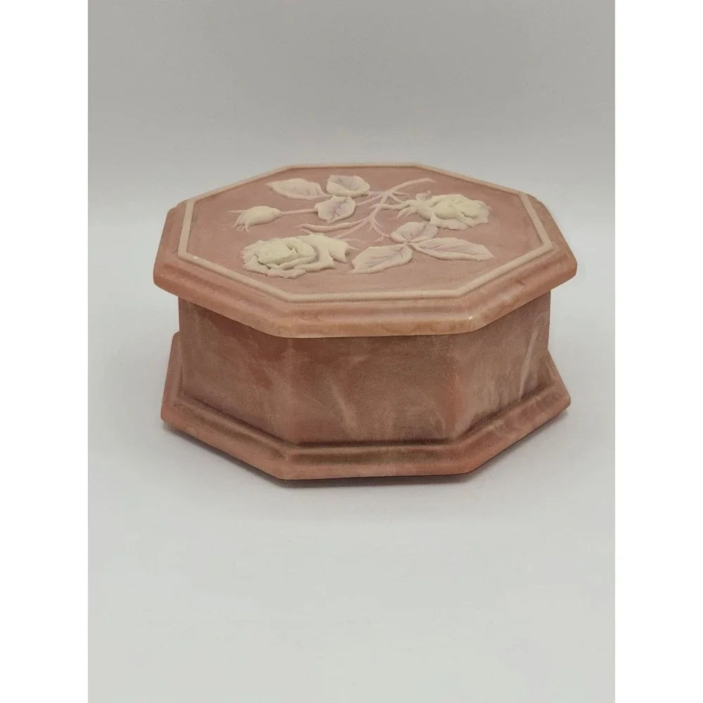 Vintage Soapstone Rose Music Box Octagon Jewelry Trinket Box 1974